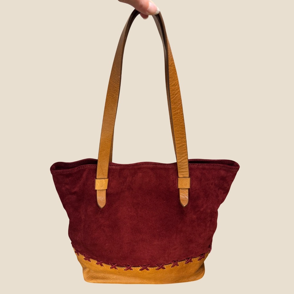 Sundance Italy Burgundy Suede Brown Leather Whipstitch Tote Shoulder Bag